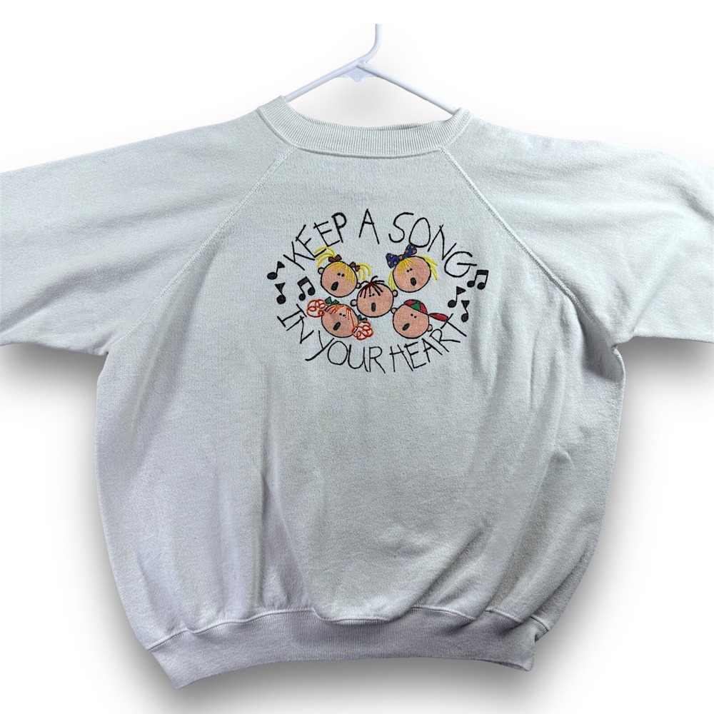 Vintage Hanes Her Way Childrens Song Sweatshirt Large White Crew Neck 90s Raglan